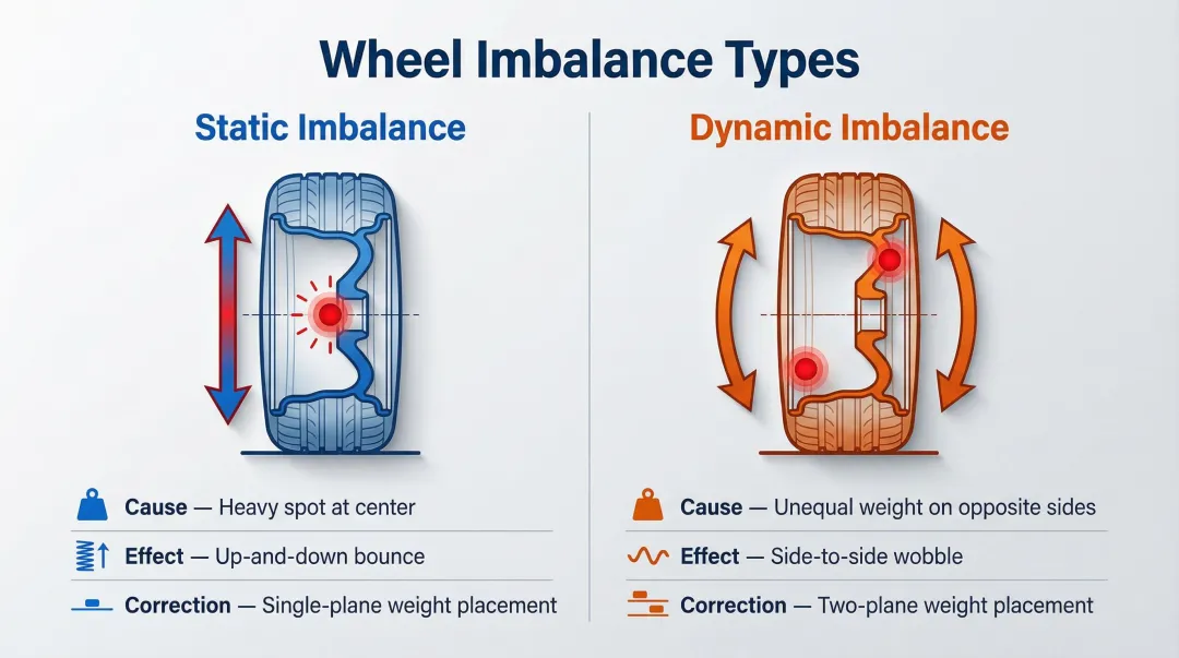 Static versus dynamic wheel imbalance types causes effects and correction methods comparison
