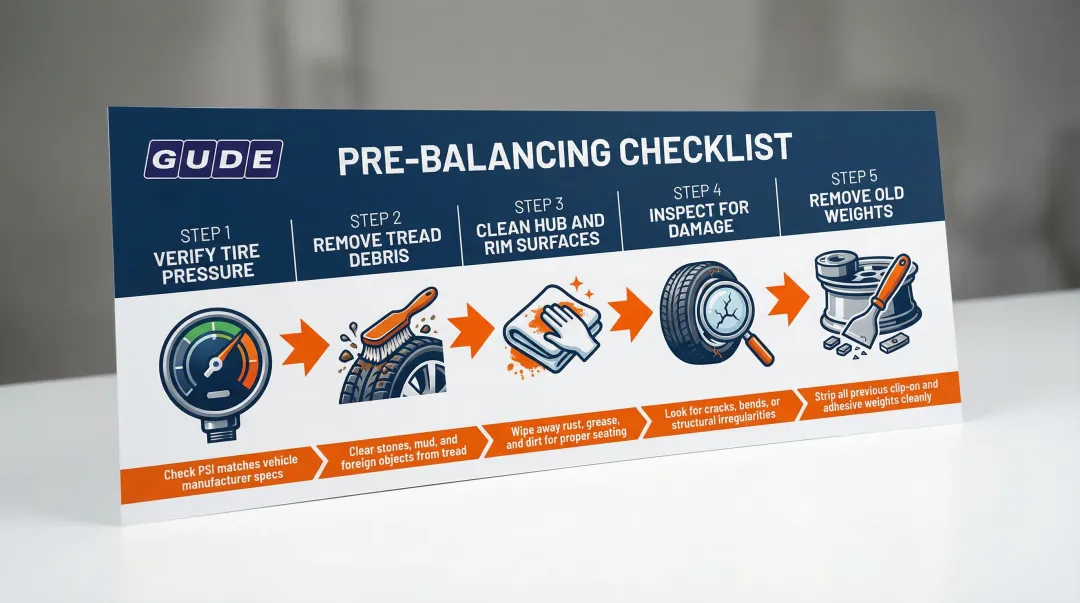 5-step wheel balancing pre-check process flow infographic for technicians