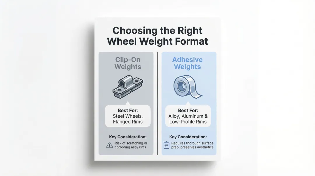 Clip-on versus adhesive wheel weight types comparison chart for rim applications