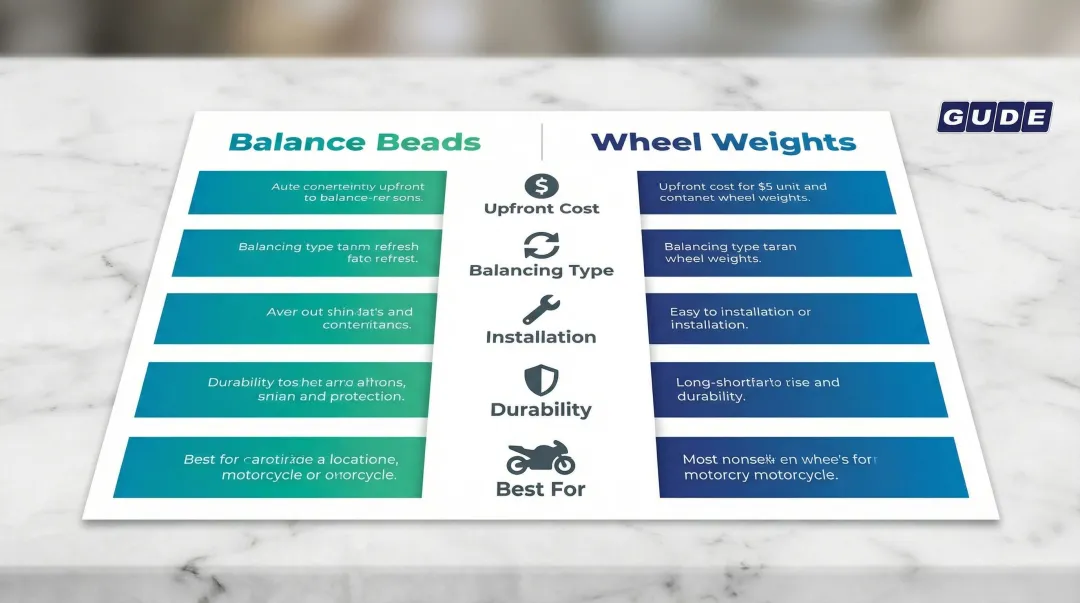 Balance beads versus wheel weights five-factor comparison infographic for motorcycles