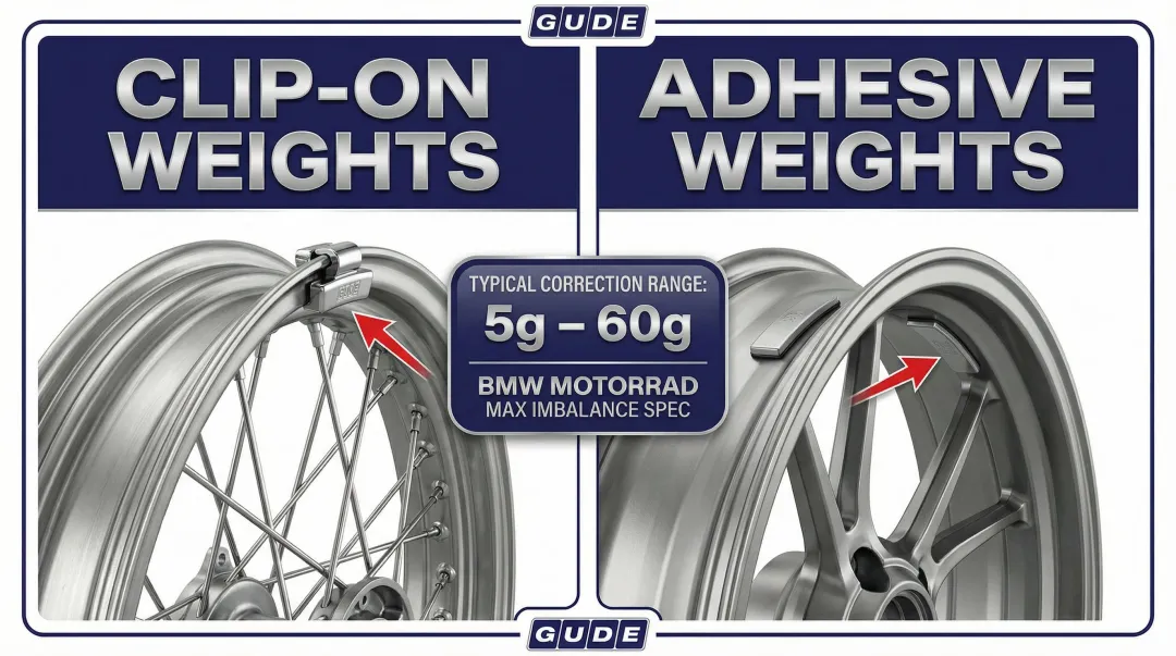 Clip-on versus adhesive motorcycle wheel weight types and rim placement diagram
