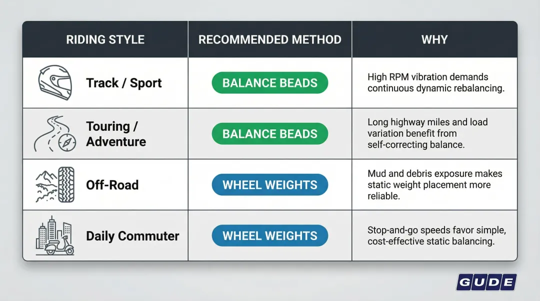 Motorcycle balancing method decision matrix by riding style and use case