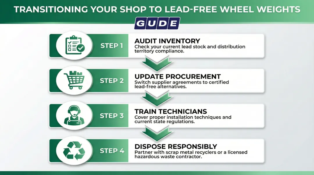 Four-step lead-free wheel weight transition plan for automotive shops and distributors