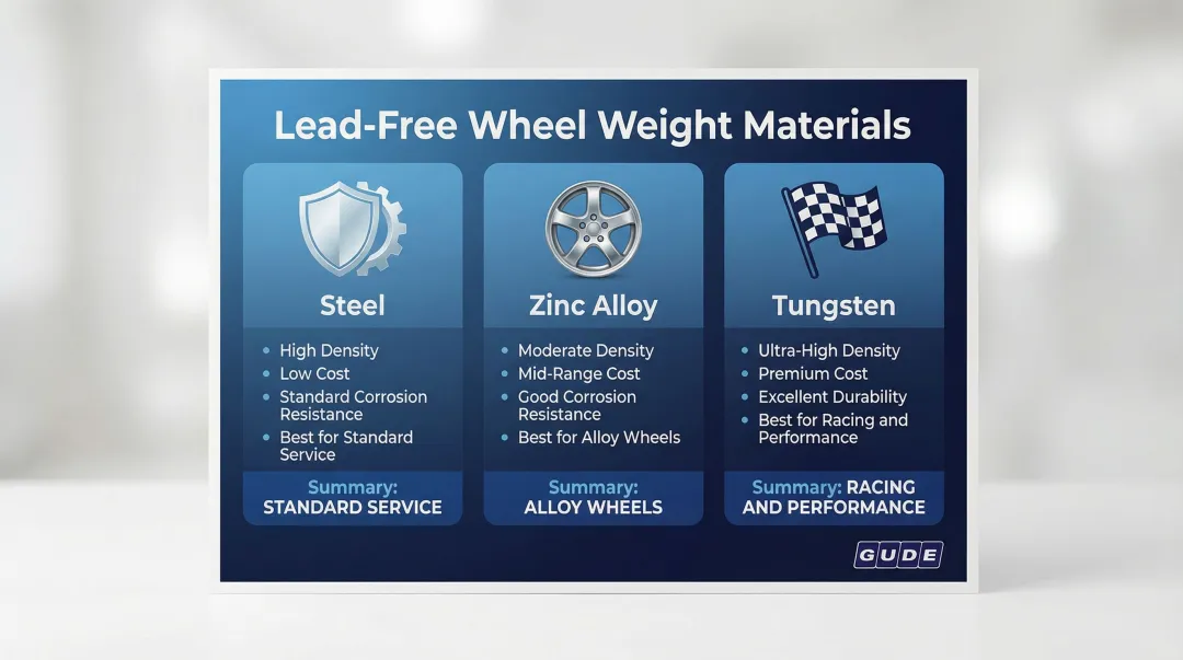 Three lead-free wheel weight materials comparison steel zinc tungsten properties and applications