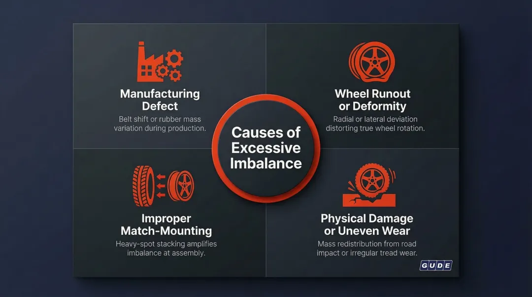 Four root causes of excessive tire balancing weight requirements infographic