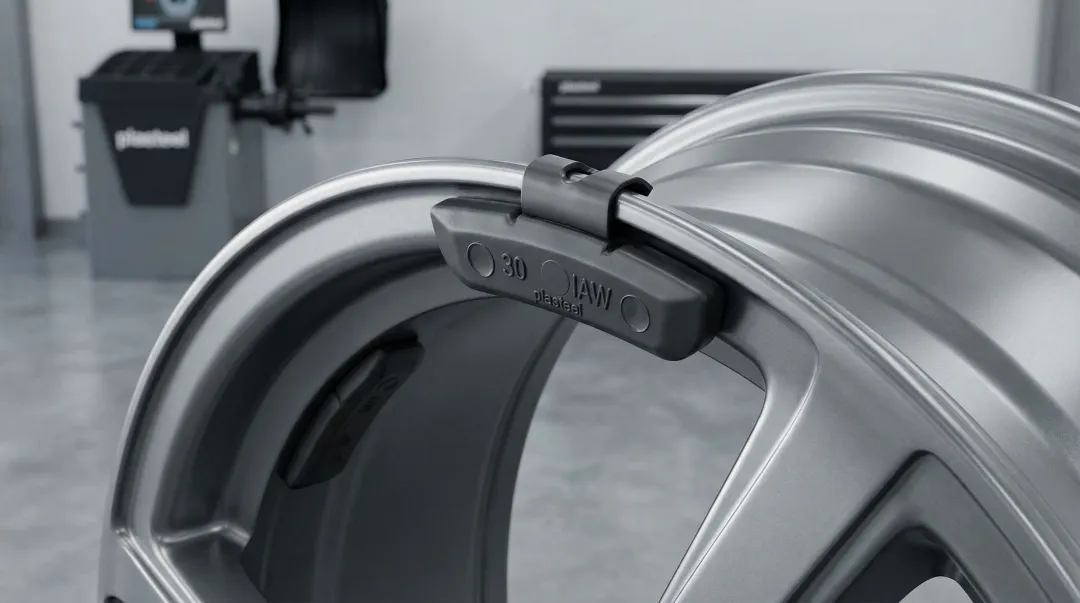 Coated steel wheel weights installed on alloy rim wheel flange