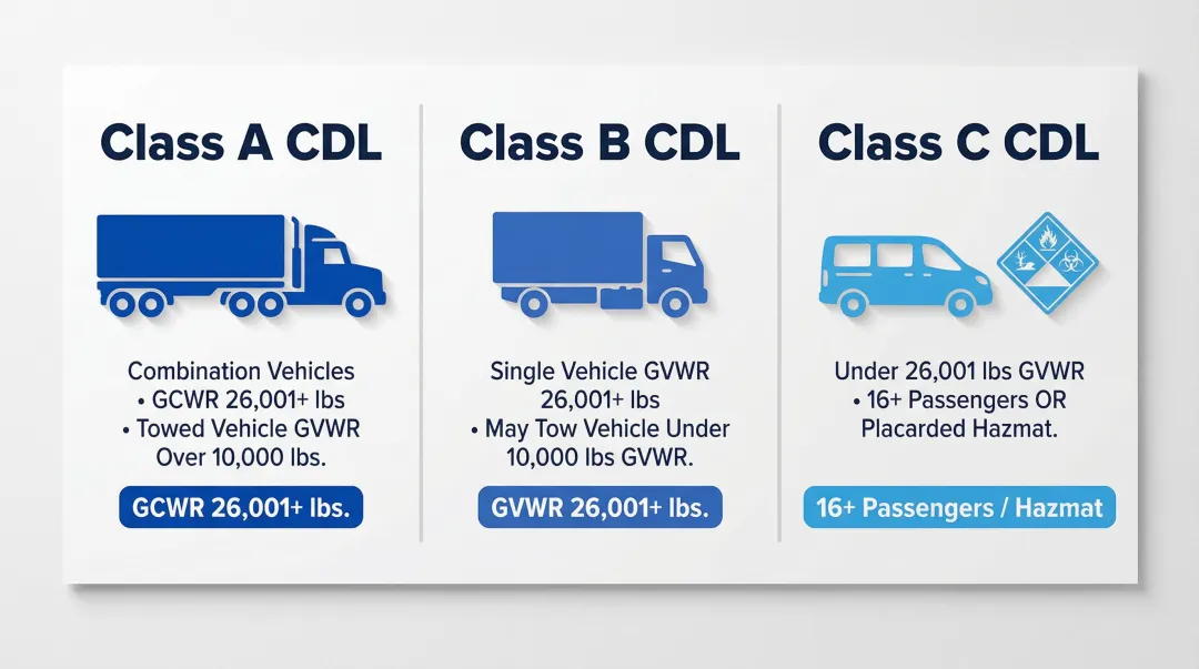 CDL Class A B and C license requirements by vehicle weight and use type