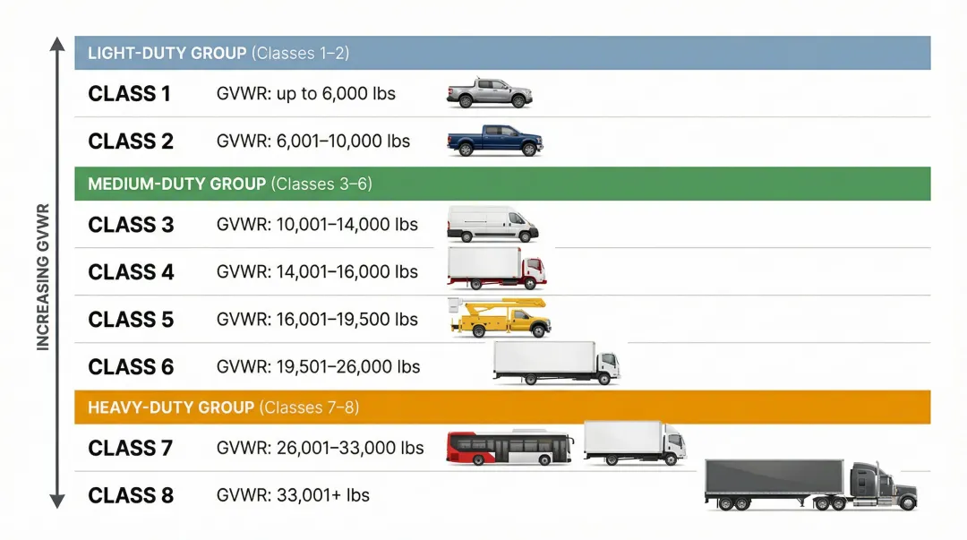 FHWA commercial vehicle weight classes 1 through 8 GVWR ranges and vehicle types