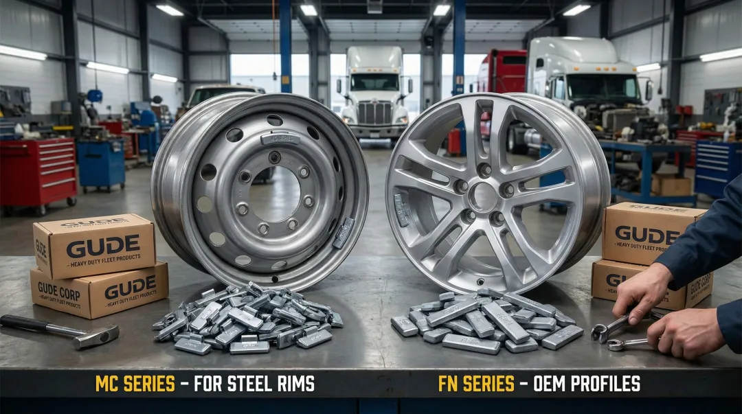 GUDE Corp lead-free clip-on wheel weights MC and FN series for commercial fleet rims