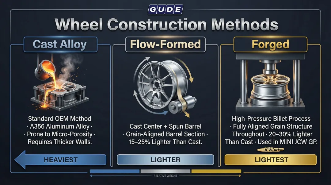 Cast versus forged versus flow-formed wheel construction method comparison infographic