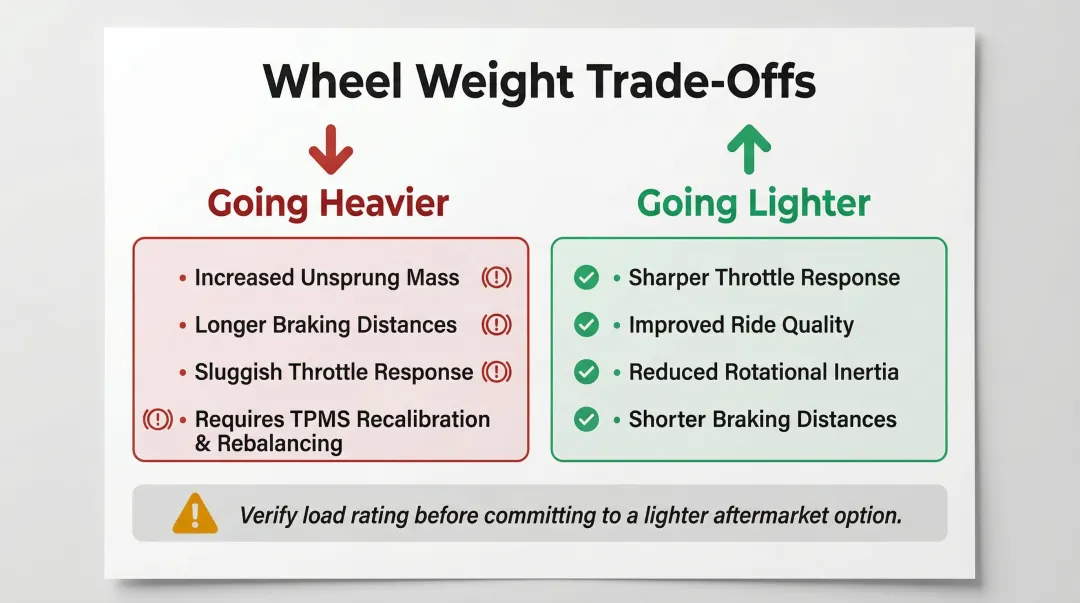 Mini Cooper going heavier versus going lighter wheel swap trade-offs comparison infographic