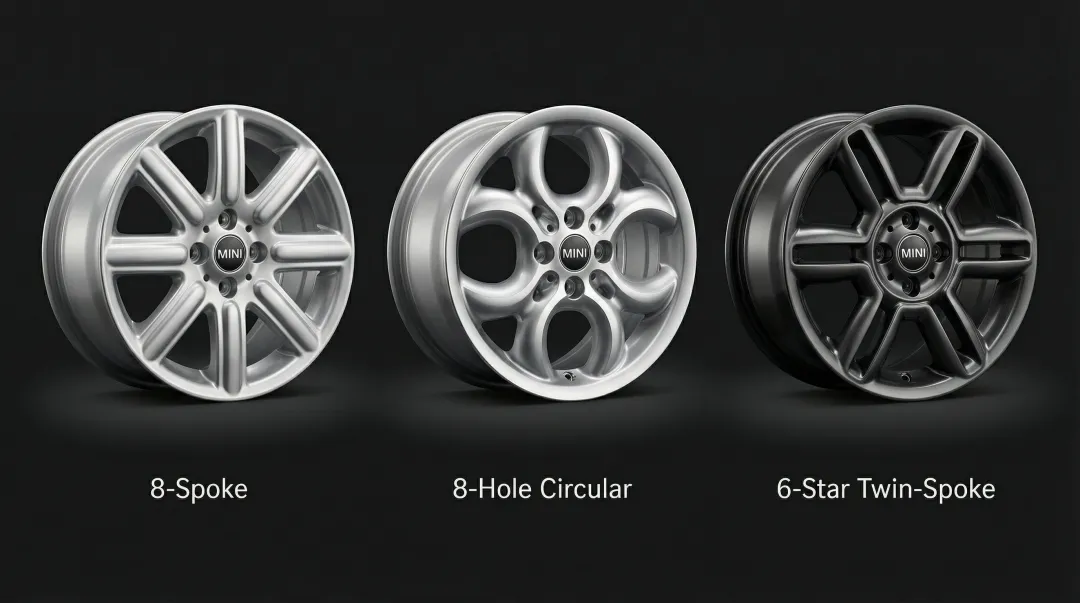 Mini Cooper alloy wheel lineup displayed showing different spoke designs and sizes