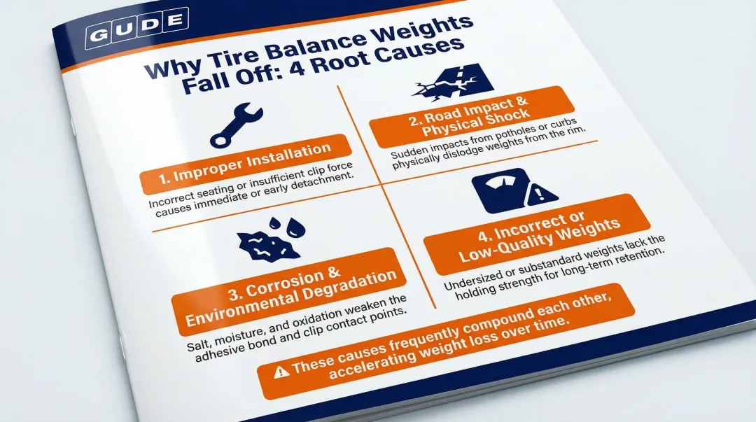 Four root causes of tire balance weight loss illustrated breakdown diagram