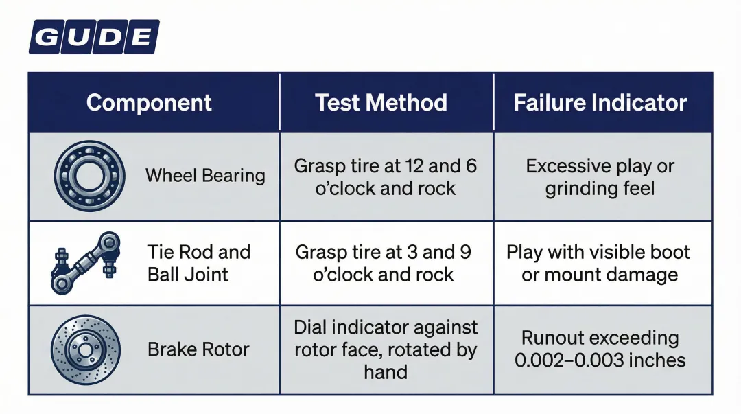 Suspension and brake component diagnostic test method and failure indicator comparison table