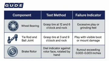 Suspension and brake component diagnostic test method and failure indicator comparison table