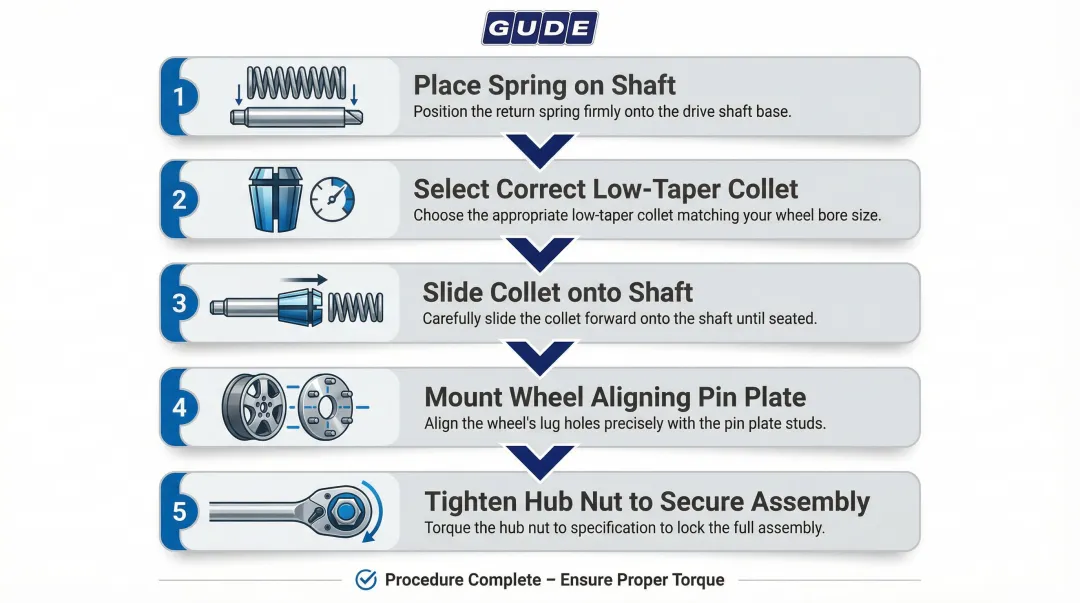 Five-step back-coning wheel balancer mounting procedure process flow diagram
