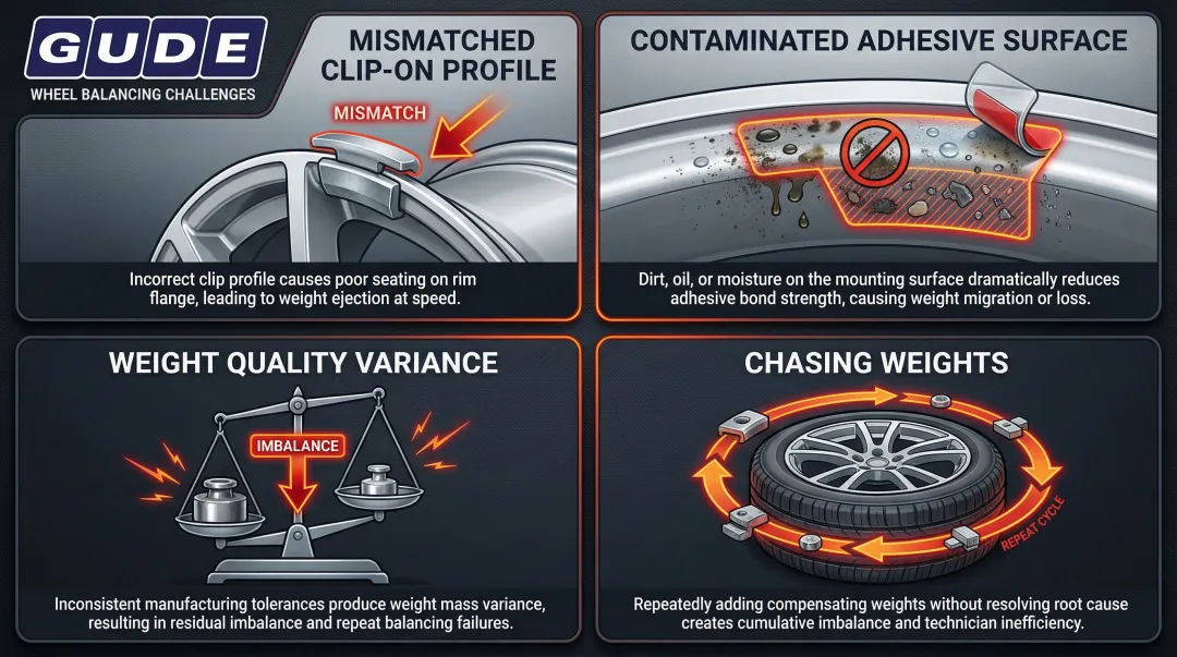 Four wheel weight failure types causing post-balancing vibration comeback infographic