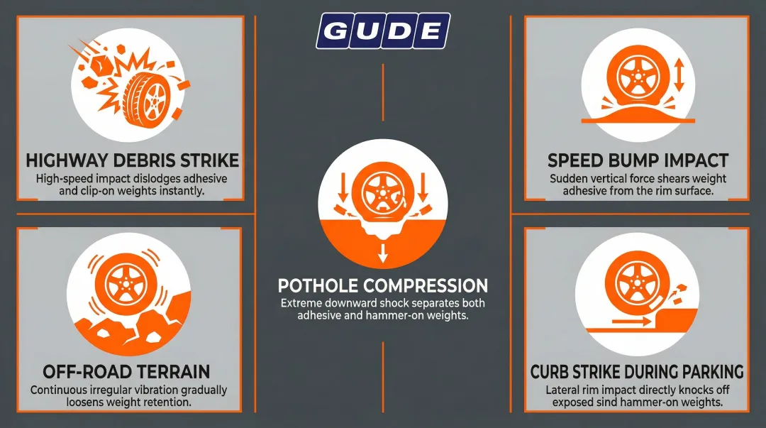 Five common road impact scenarios causing tire balance weight detachment