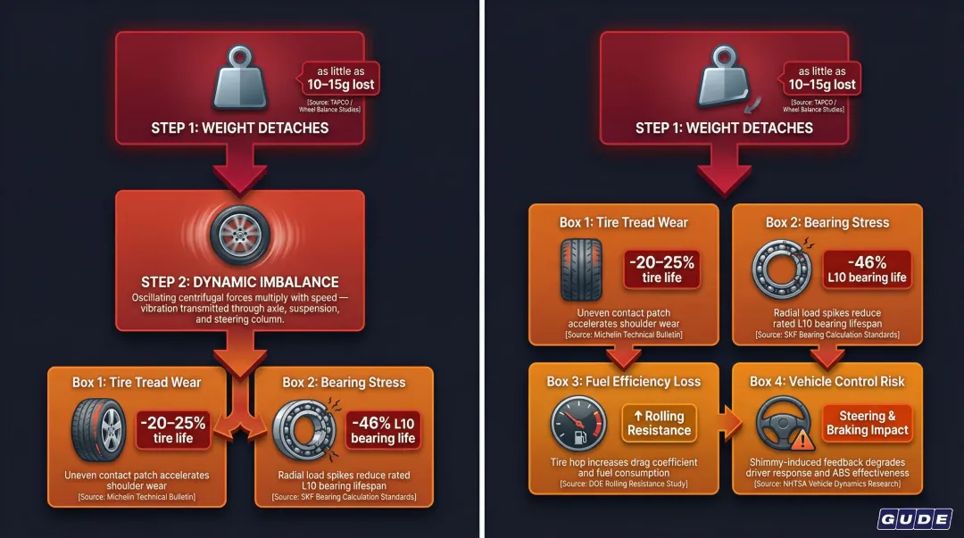 Cascading damage chain from missing balance weight to component failure with statistics