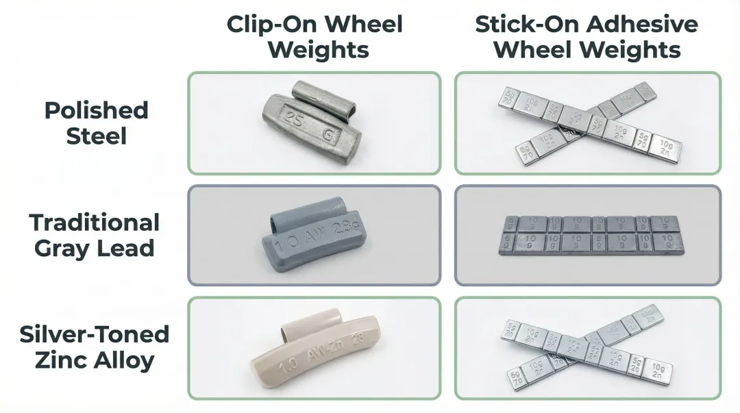 Lead-free zinc and steel wheel balance weights compared to traditional lead weights