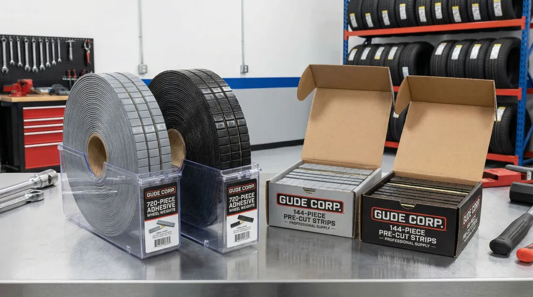 GUDE Corp lead-free adhesive wheel weights rolls and pre-cut strips product display