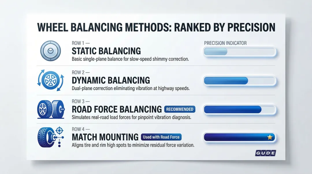 Four aluminum wheel balancing methods comparison static dynamic road force match mounting