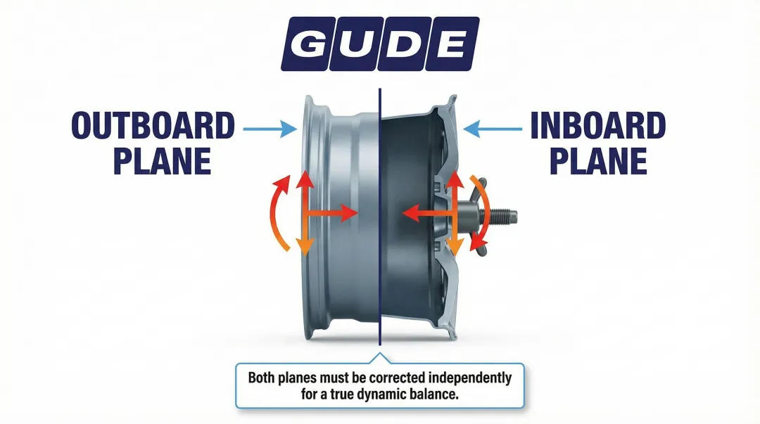 Dynamic two-plane wheel balancing diagram showing inboard and outboard correction planes