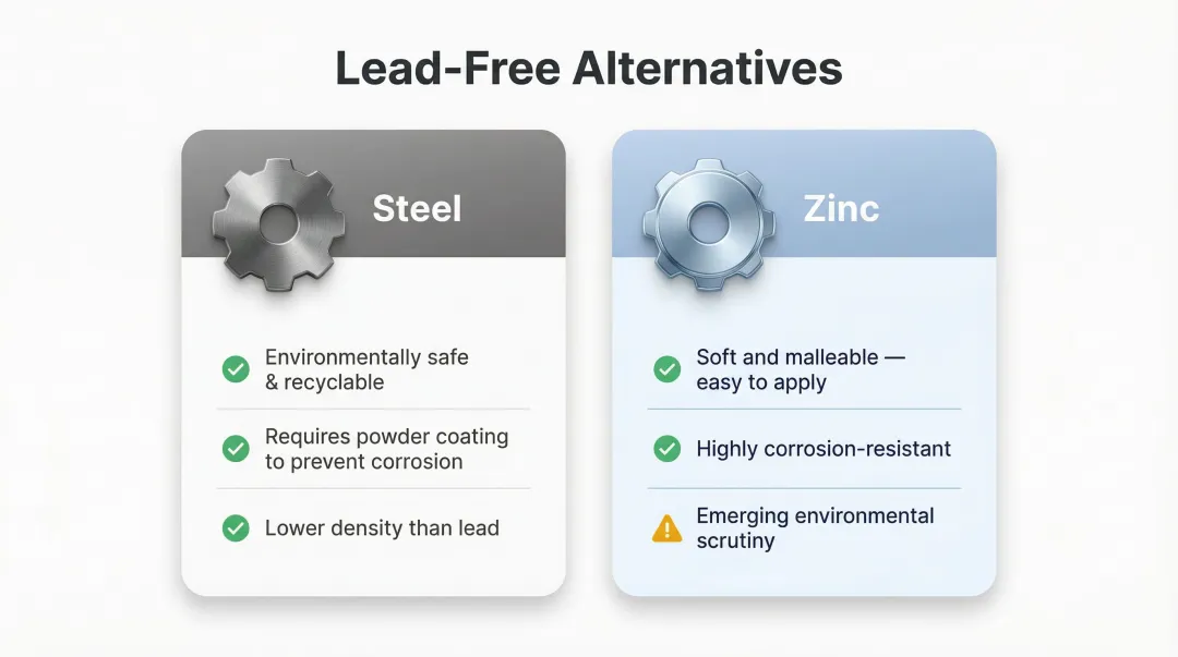 Steel versus zinc lead-free wheel weight material comparison chart with key characteristics