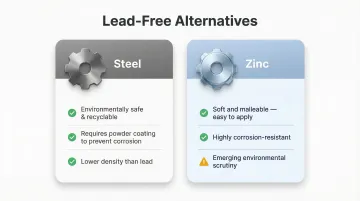 Steel versus zinc lead-free wheel weight material comparison chart with key characteristics