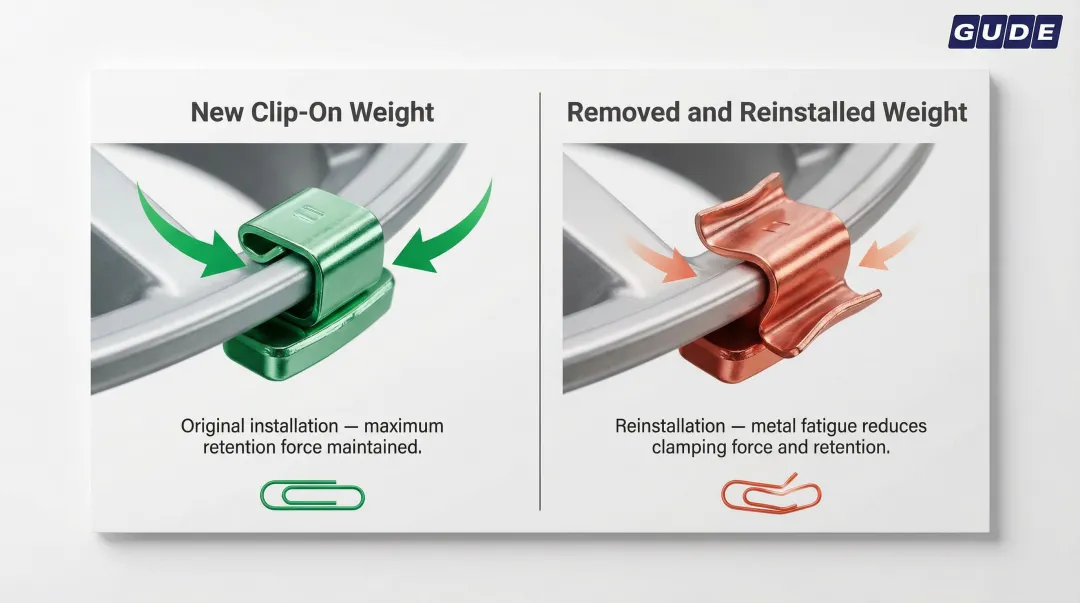 Clip-on wheel weight removal clip deformation and retention loss process diagram