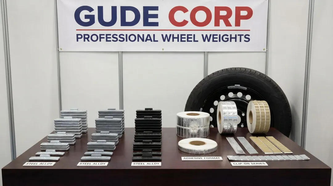 GUDE Corp lead-free wheel weight product lineup showing clip-on and adhesive formats