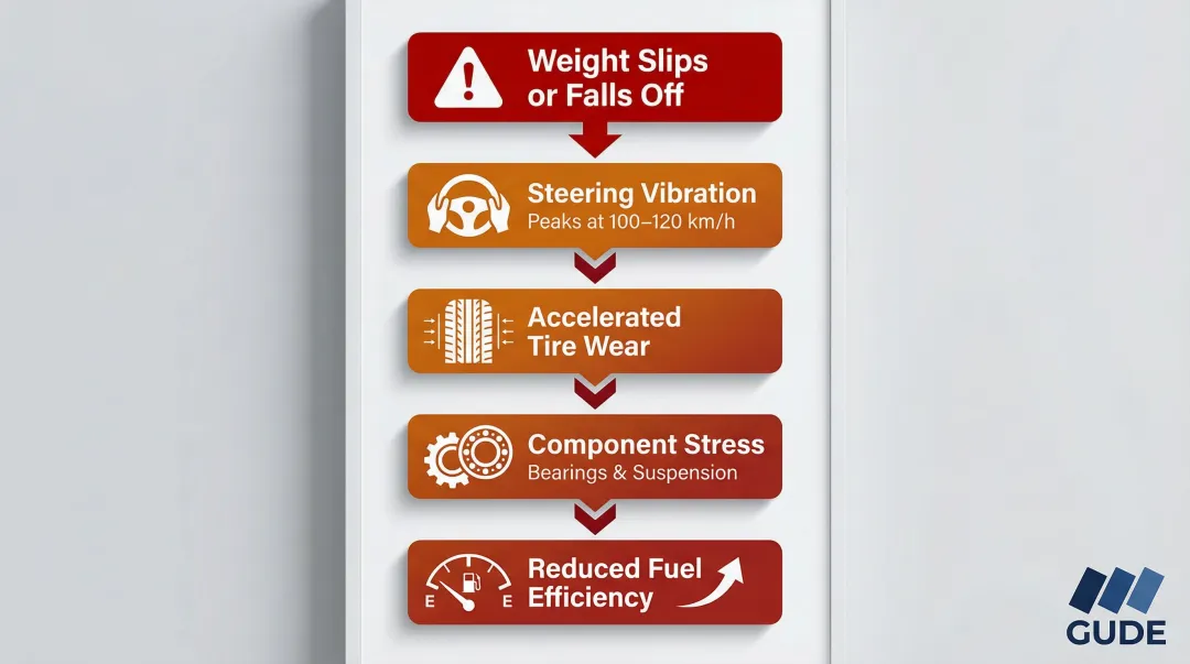 Four-consequence wheel imbalance domino effect cascade infographic for tire shops
