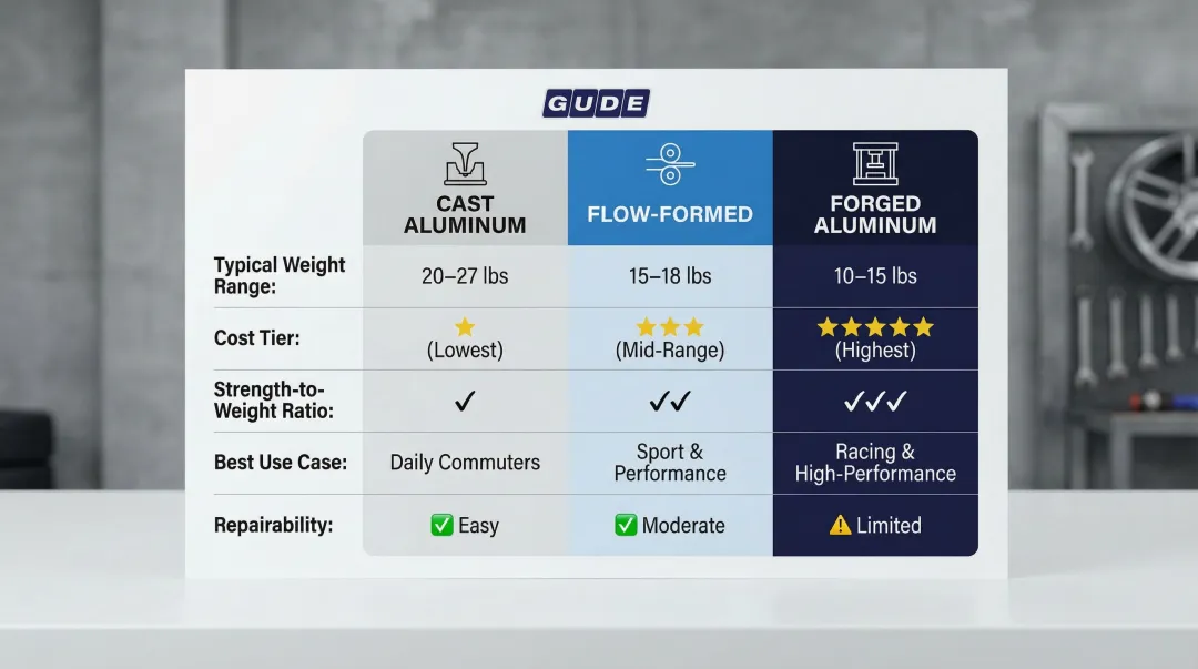 Three wheel manufacturing types cast flow-formed forged weight cost performance comparison chart