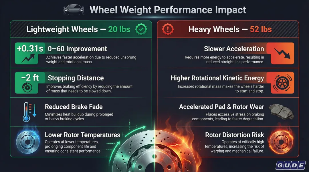 Lightweight versus heavy wheel acceleration braking and brake heat effects comparison