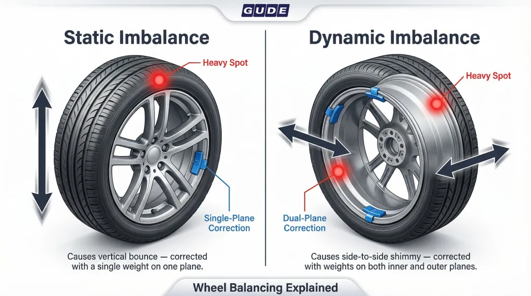 Static versus dynamic wheel imbalance types and correction weight placement diagram