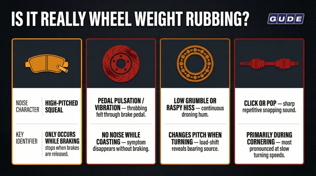 Four-noise-source diagnostic comparison chart for Toyota wheel and brake sounds