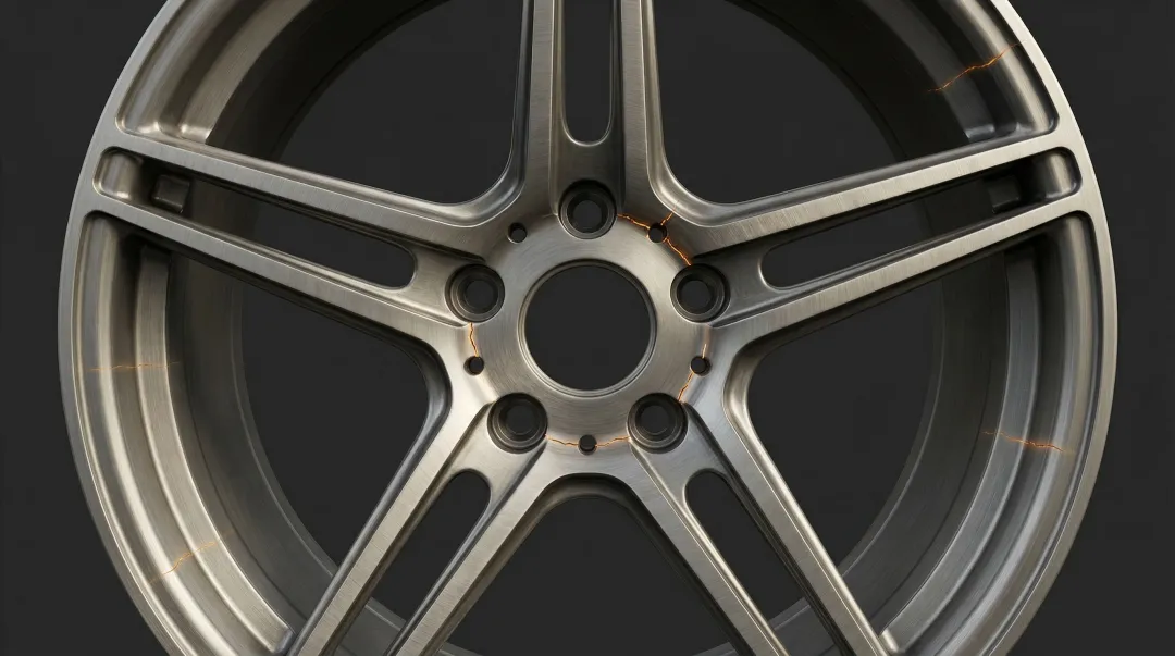 Alloy wheel with visible spoke stress crack damage from overload and impact