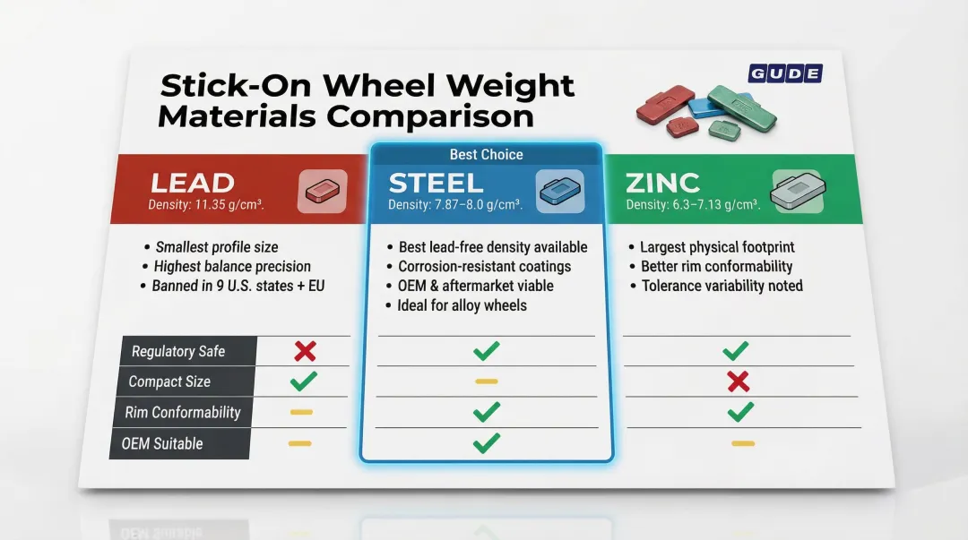 Lead zinc and steel stick-on wheel weight material comparison density and application chart