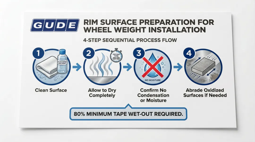 4-step stick-on wheel weight surface preparation process for proper adhesion