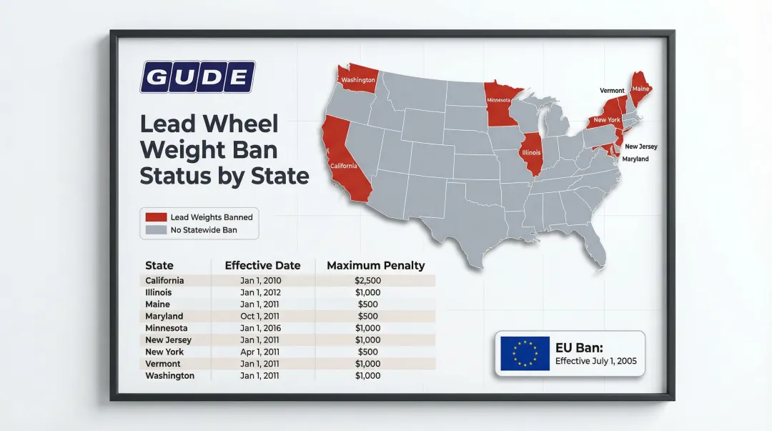 Nine U.S. states with lead wheel weight bans penalties and effective dates