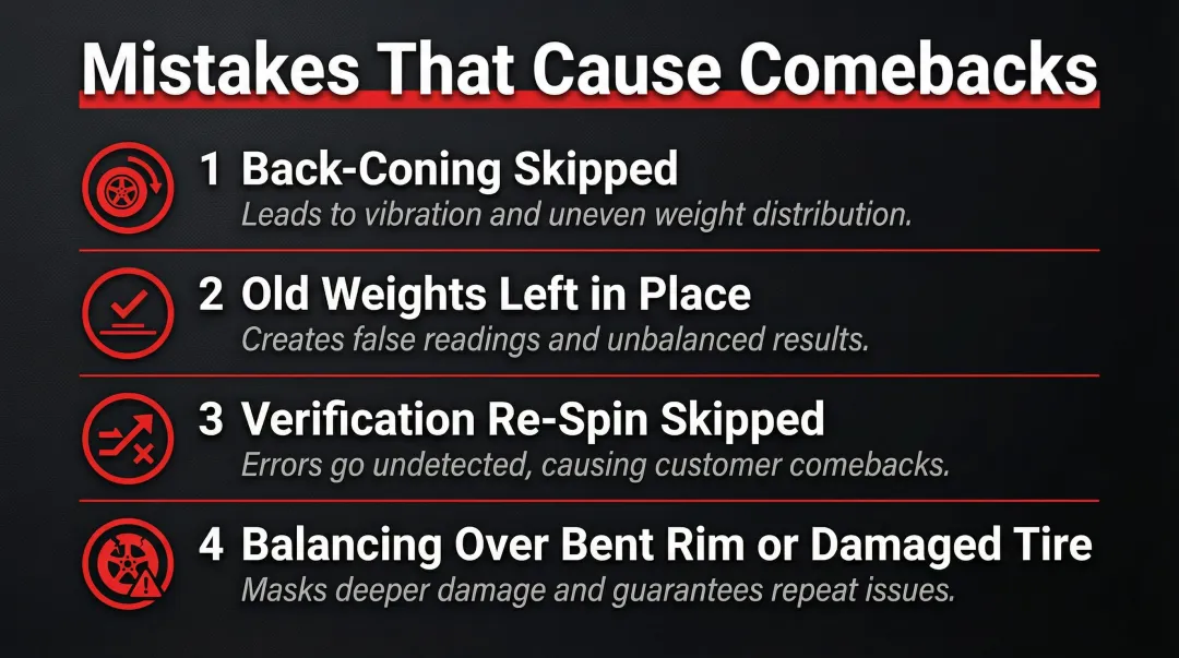 Four common wheel balancing mistakes that cause customer comebacks infographic