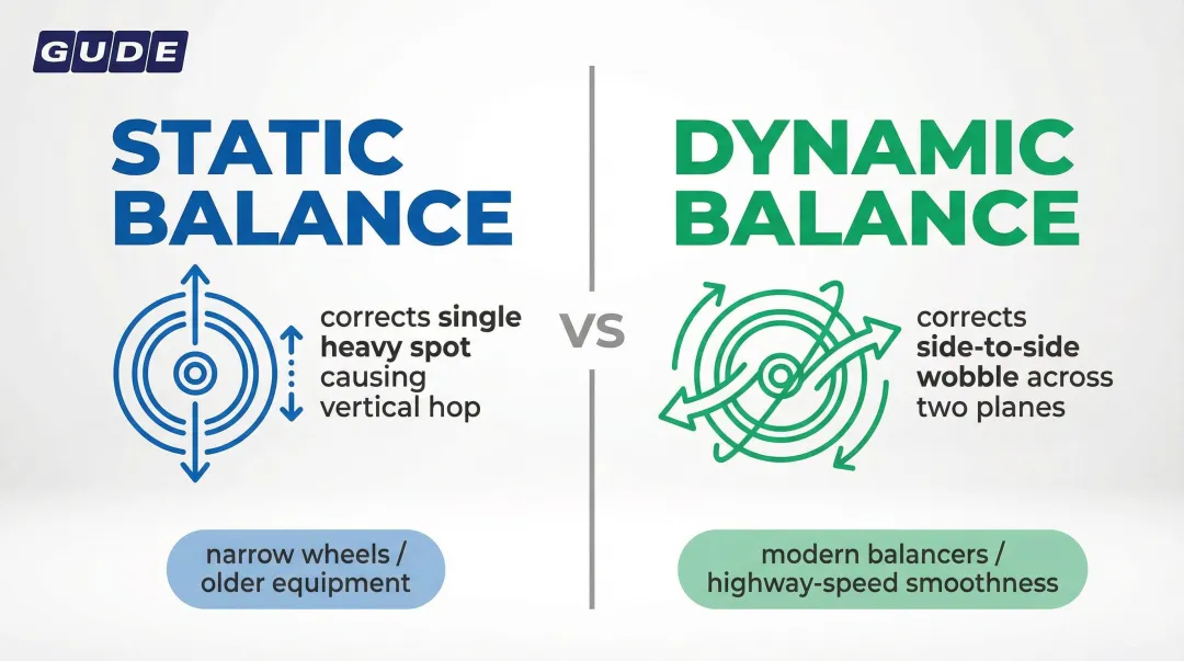 Static versus dynamic wheel balance two-plane correction comparison infographic