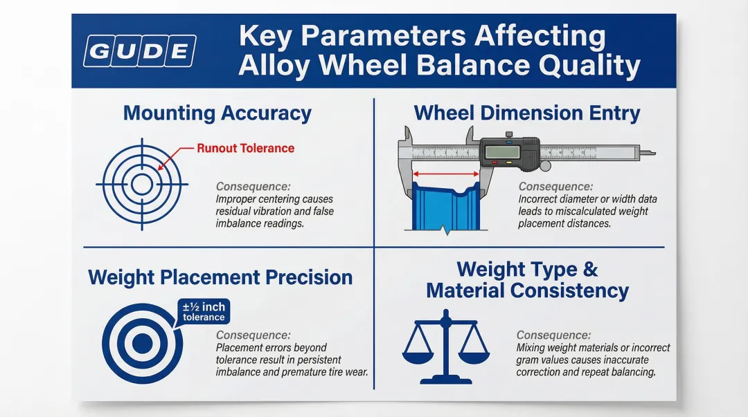 Four key parameters affecting alloy wheel balance quality comparison breakdown infographic