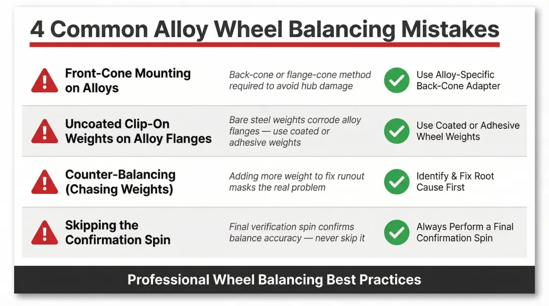 Four common alloy wheel balancing mistakes causes and correct remedies infographic