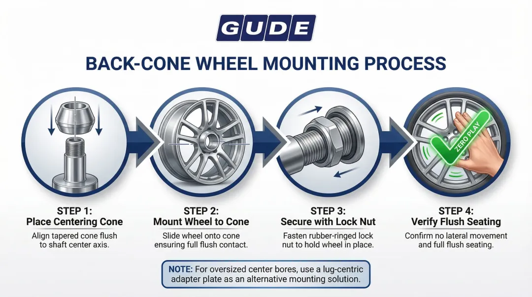 4-step back-cone alloy wheel mounting procedure process flow diagram