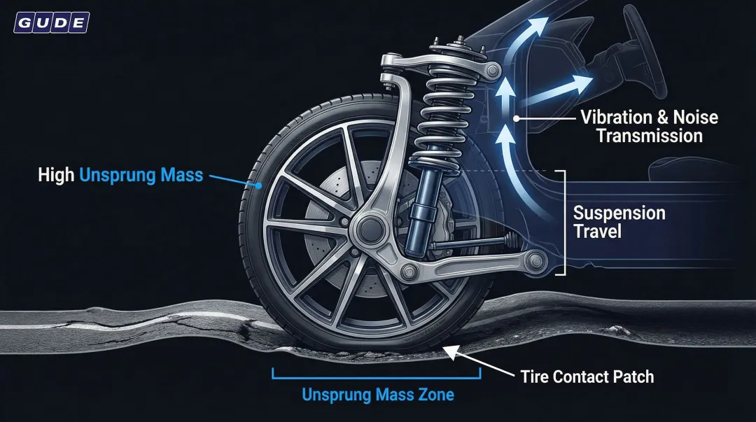 Diagram illustrating unsprung wheel mass effect on vehicle suspension and road contact