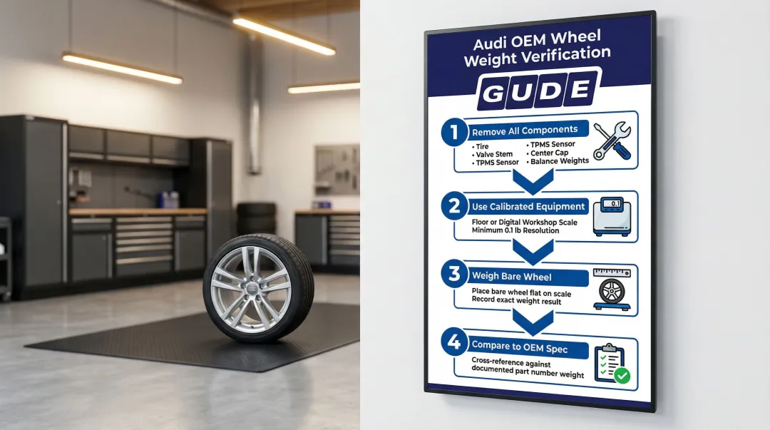 4-step Audi OEM wheel weight verification process flow diagram