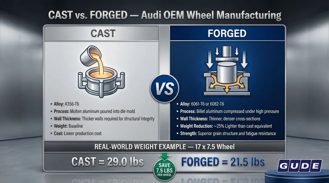 Cast versus forged Audi OEM wheel manufacturing process comparison infographic