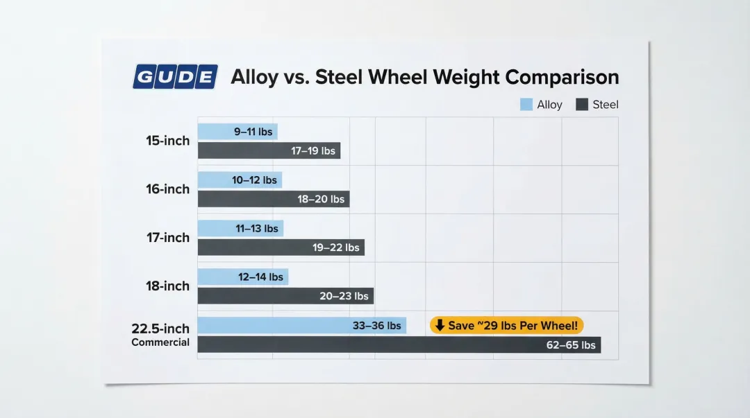 Alloy versus steel wheel weight comparison chart by rim diameter size