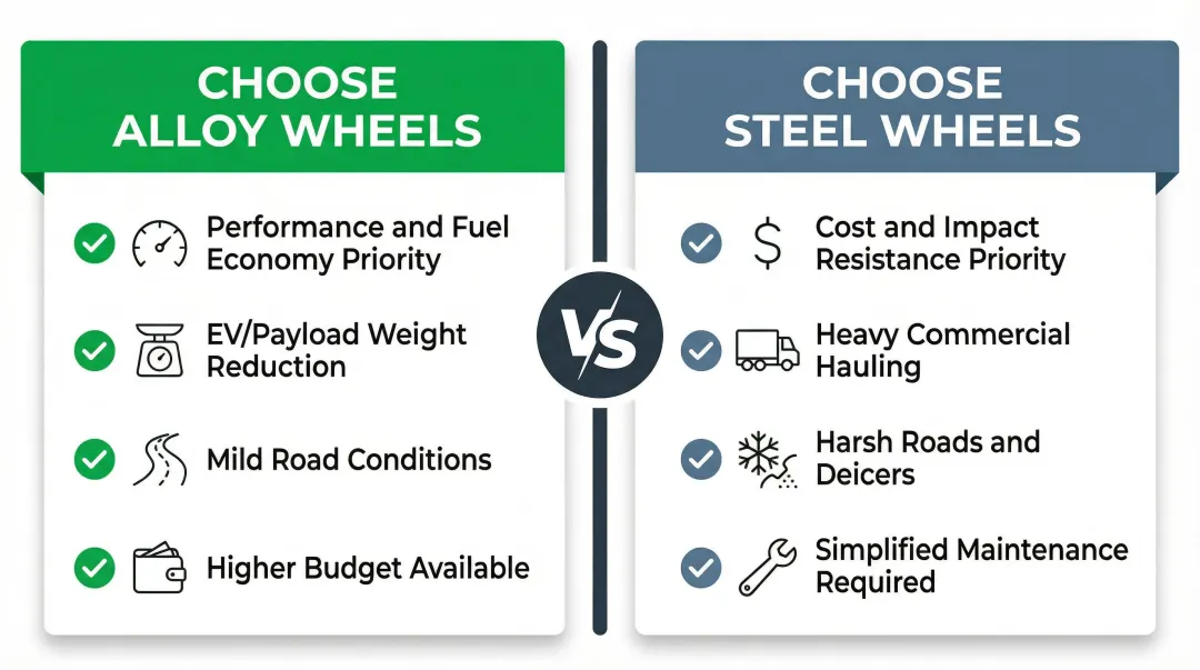 Alloy versus steel wheel selection decision framework two-column comparison infographic